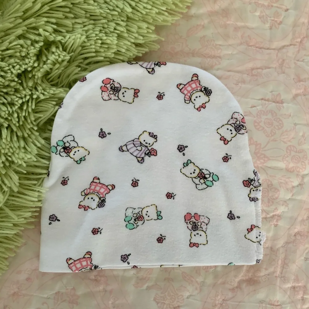 VTG Miniwear Sleeping Gown Sack 1 Piece Hat  Bears 3 PC Set Pajama White Newborn